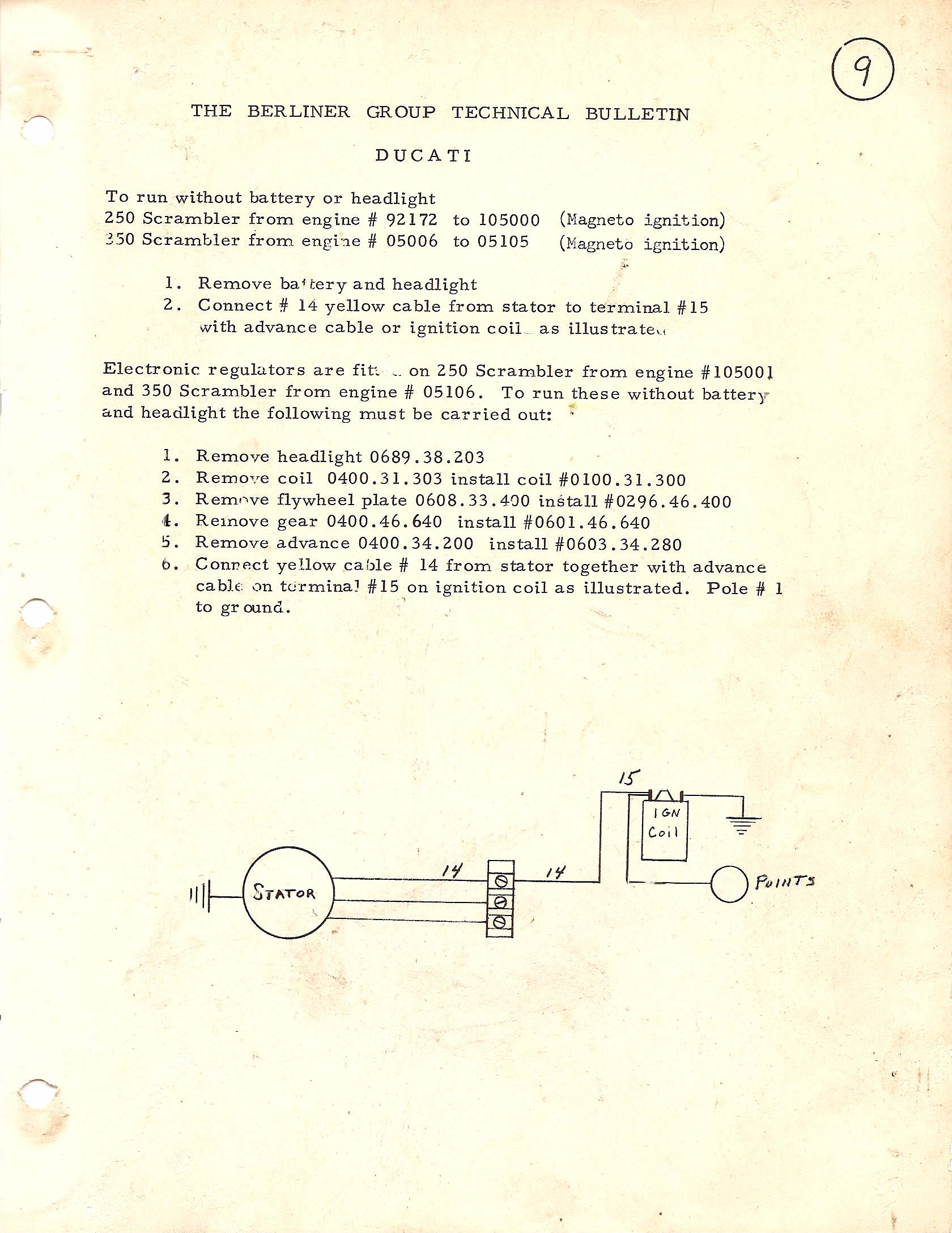 Ducati 250 - 350cc Workshop Manual Supplement. Berliner #9 "To run without  battery or headlight.